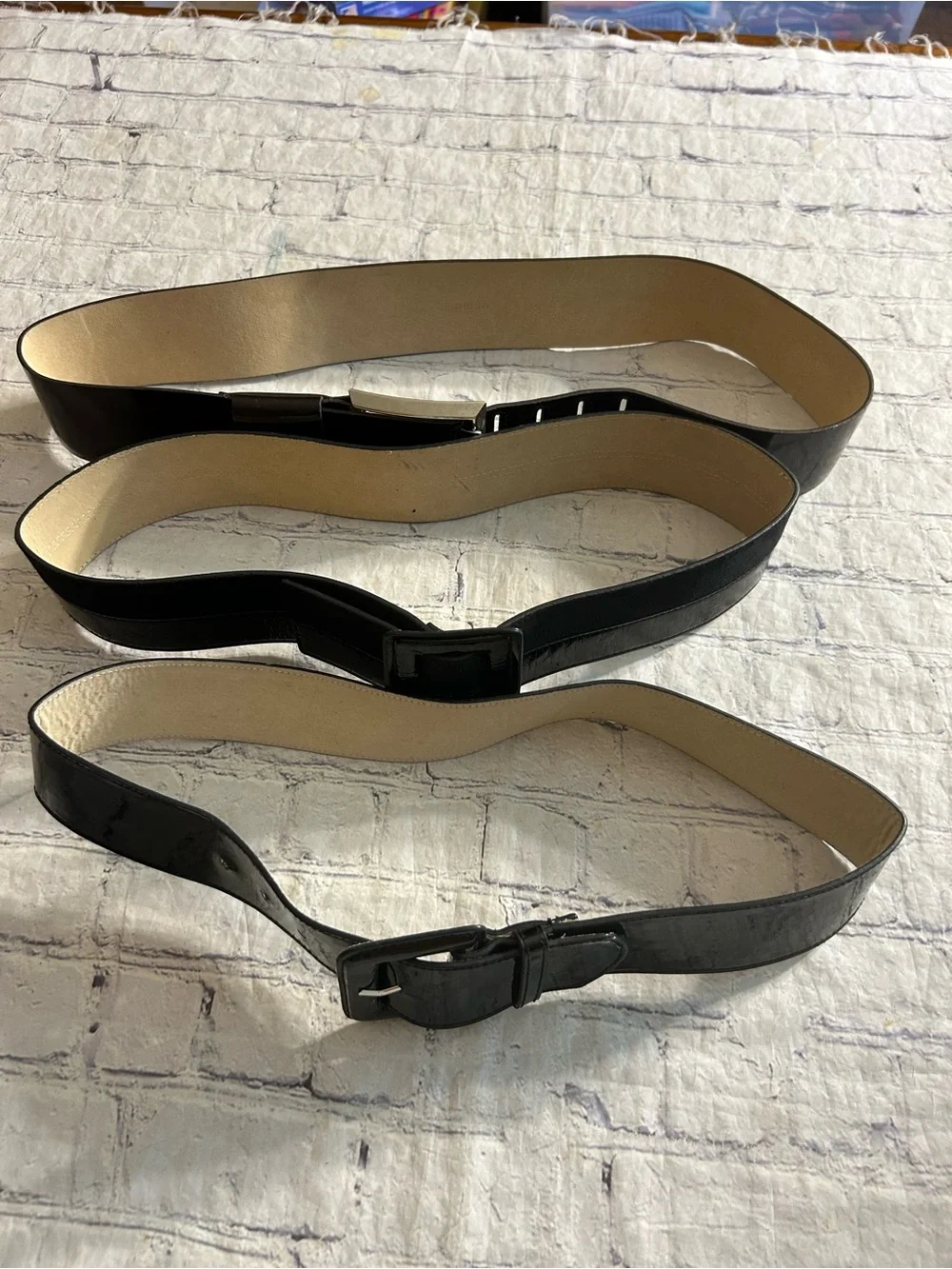 LAKE SHORE DRIVE WIDE BLACK PATENT LEATHER & (2)  PATENT BLACK & BROWN BELTS